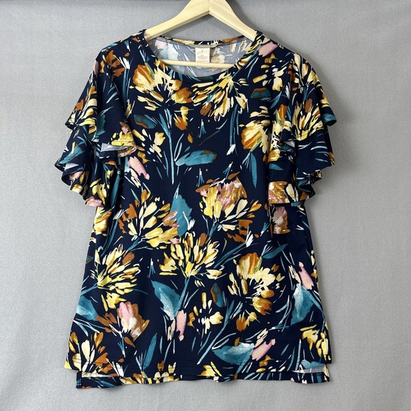 Flying Tomato Tops - Flying Tomato Floral Ruffle Flutter Sleeve Mocked Neck Top Size Small